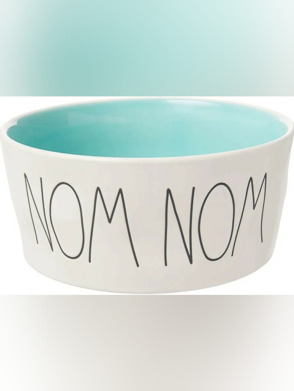 Rae Dunn "NOM NOM" Ceramic Dog Bowl with Turquoise Interior